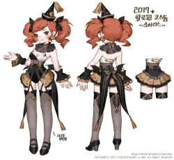 2017 artstation_username blush breasts character_request reference_sheet cleavage commentary_request dragon_nest hat korean_commentary korean_text long_hair orange_hair siho_white simple_background standing translation_request watermark web_address white_background