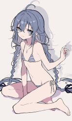 1girl absurdres barefoot bikini blackcatpancake blue_bikini blue_eyes blue_hair closed_mouth feet flat_chest groin highres loli long_hair mushoku_tensei petite roxy_migurdia side-tie_bikini_bottom simple_background skinny smile solo striped_bikini striped_clothes swimsuit toes very_long_hair white_background