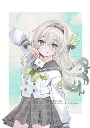 black_hairband bow bowtie card colored_skin commentary cowboy_shot firefly_(honkai:_star_rail) firefly_(spring_missive)_(honkai:_star_rail) floating_hair gift_card gradient_hair green_bow green_bowtie green_hair grey_hair grey_sailor_collar grey_skin hair_intakes hairband hashtag-only_commentary highres holding holding_card honkai:_star_rail honkai_(series) hoto_rina long_hair long_sleeves multicolored_hair official_alternate_costume plaid_bow plaid_bowtie plaid_clothes plaid_skirt pleated_skirt purple_eyes sailor_collar shirt skirt smile twitter_username two-tone_hair white_shirt