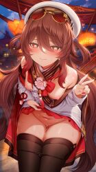 1girl absurdres blush breasts brown_hair chinese_clothes closed_mouth clothes_lift dress dress_lift eyewear_on_head flower-shaped_pupils genshin_impact gluteal_fold hair_between_eyes hat highres hu_tao_(cherries_snow-laden)_(genshin_impact) hu_tao_(genshin_impact) jewelry lifting_own_clothes long_hair long_sleeves looking_at_viewer m-da_s-tarou navel official_alternate_costume panties pussy red_eyes ring round_eyewear small_breasts smile solo sunglasses symbol-shaped_pupils thigh_gap thighhighs thighs twintails uncensored underwear v