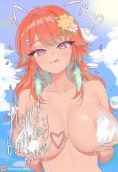1girl :q absurdres alternate_breast_size areola_slip bikini blue_sky breasts cloud colored_inner_hair commentary day deermiko drawn_ears english_commentary feathers flower grabbing_own_breast gradient_hair green_feathers green_hair hair_flaps hair_flower hair_ornament happy_birthday highres hololive hololive_english huge_breasts long_hair looking_at_viewer multicolored_hair orange_hair outdoors paid_reward_available purple_eyes sky solo straight-on swept_bangs swimsuit takanashi_kiara tongue tongue_out untied_bikini_top upper_body virtual_youtuber white_bikini