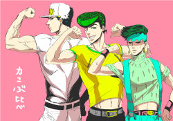 Rule 34 | 3boys, belt, biceps, diamond is not crash, earrings, flexing, green eyes, green hair, grin, hat, headband, higashikata josuke, jewelry, jojo no kimyou na bouken, kishibe rohan, kuujou joutarou, male focus, midriff, multiple boys, muscular, natsu yasai, one eye closed, pants, peaked cap, pink background, pompadour, shaded face, smile, suspenders, uncle and nephew, white pants, wink