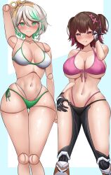 2girls :p absurdres alternate_breast_size aqua_background arm_behind_head armanditto bare_shoulders bikini black_gloves blush breasts brown_hair cecilia_immergreen collarbone cowboy_shot doll_joints front-tie_bikini_top front-tie_top gloves gradient_hair green_eyes green_hair hand_on_own_hip highleg highres hololive hololive_english joints large_breasts looking_at_viewer medium_breasts multicolored_hair multiple_girls navel pink_bikini pink_hair roboco-san robot_girl short_hair short_twintails smile swimsuit thighs tongue tongue_out twintails twitter_username virtual_youtuber white_background white_bikini white_hair wide_hips winding_key yellow_eyes