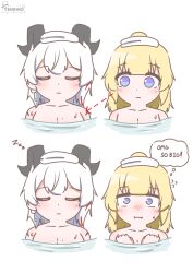 2girls artist_logo artist_name black_horns blonde_hair blue_eyes closed_eyes collarbone commentary curled_horns english_commentary english_text highres horns logo looking_at_breasts multiple_girls partially_submerged phoebe_(wuthering_waves) tenrino towel towel_on_head wet wuthering_waves zani_(wuthering_waves) zzz
