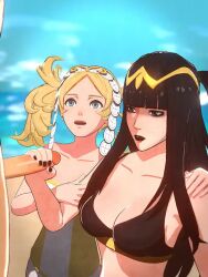 1boy 2girls 3d animated bare_shoulders beach bikini black_eyes black_hair black_lips blonde_hair blue_eyes blunt_bangs breasts fellatio ffm_threesome fire_emblem fire_emblem_awakening group_sex hand_on_another&#039;s_head handjob hetero lissa_(fire_emblem) medium_breasts multiple_girls nintendo oral overused23 penis small_breasts swimsuit tagme tharja_(fire_emblem) threesome twintails uncensored video