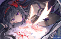2girls absurdres akemi_homura akuma_homura angel_and_devil angel_wings bare_shoulders black_gloves black_hair black_wings blood blood_on_face blood_splatter bow bullet_hole chinese_commentary closed_mouth commentary_request covering_face death dress elbow_gloves feathered_wings full_body gears gloves hair_bow hair_spread_out hairband highres kaname_madoka kneeling kyubey long_dress long_hair looking_at_another lying mahou_shoujo_madoka_magica mahou_shoujo_madoka_magica:_hangyaku_no_monogatari mubai_jiang multiple_girls on_stomach pink_hair pink_thighhighs purple_dress purple_eyes red_bow red_hairband short_sleeves size_difference smile strapless strapless_dress thighhighs two_side_up ultimate_madoka upper_body very_long_hair watermark weibo_watermark weibo_watermark white_bow white_dress white_gloves white_sleeves white_wings wings