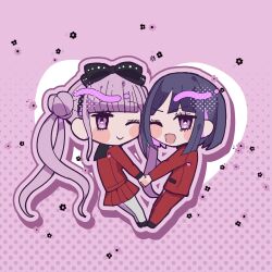 Rule 34 | black bow, black hairband, black headband, black shoes, blush, bow, brother and sister, chibi, chibi only, closed mouth, full body, hair bow, hairband, headband, highres, holding hands, long sleeves, looking at viewer, matching hair/eyes, one eye closed, open mouth, pants, pantyhose, pink background, pink eyes, pink hair, pleated skirt, purple hair, red pants, red shirt, red skirt, shirt, shoes, siblings, simple background, skirt, smile, the hundred line -last defense academy-, tsukumo ima, tsukumo kako, twins, white pantyhose, wink