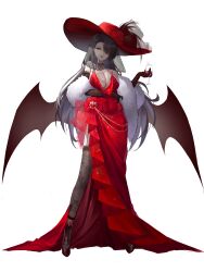 Rule 34 | 1girl, absurdres, alcohol, asymmetrical dress, black choker, black garter straps, black gloves, black hair, black lips, black thighhighs, breasts, choker, cleavage, clothing cutout, colored skin, cup, demon girl, demon wings, dreiworks, dress, elbow gloves, feather boa, flower, full body, garter straps, gem, gloves, grey skin, hair over one eye, hat, hat flower, highres, holding, holding cup, lace, lace choker, lace gloves, lace thighhighs, large breasts, large hat, long hair, looking at viewer, mole, mole under mouth, original, red dress, red eyes, red flower, red gemstone, red hat, red rose, red wine, rose, side cutout, simple background, solo, thighhighs, very long hair, white background, wine, wings