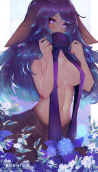 1girl animal_ears blue_hair blush breasts bunnixia deer_ears deer_girl flower highres league_of_legends lillia_(league_of_legends) linea_alba long_hair medium_breasts multicolored_hair nail_polish navel purple_eyes purple_hair shiny_skin solo tagme taur two-tone_hair wet