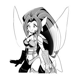 blush breasts digimon digimon_(creature) fairimon gloves head_wings highres lingerie long_hair mask monochrome oh_sorry_01 smile transparent_wings underwear unworn_mask very_long_hair wings