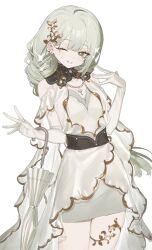 1girl breasts cowboy_shot dress earclip earrings elbow_gloves gloves gold_trim green_eyes grey_hair grin highres jewelry long_hair one_eye_closed original simple_background small_breasts smile solo sparkle uka_aa umbrella white_background white_dress white_gloves