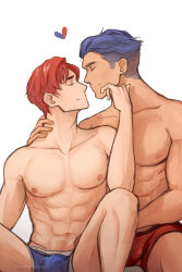 2boys abs blue_hair blue_male_underwear boxer_briefs closed_eyes commentary commission couple ear_piercing eliwood_(fire_emblem) english_commentary fell_from_the_sky fire_emblem fire_emblem:_the_blazing_blade hand_on_another&#039;s_face hand_on_another&#039;s_neck heart hector_(fire_emblem) highres imminent_kiss male_focus male_underwear multiple_boys navel navel_hair nintendo nipples pectorals piercing red_hair red_male_underwear short_hair sitting toned toned_male topless_male twitter_username undercut underwear underwear_only white_background yaoi
