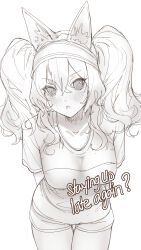 1girl :o absurdres alternate_costume angelina_(arknights) animal_ear_fluff animal_ears arknights breasts collarbone cowboy_shot crossed_bangs dot_nose english_text fourtwelve fox_ears greyscale hair_between_eyes hairband highres large_breasts leaning_forward long_sidelocks looking_at_viewer monochrome open_mouth ringed_eyes shirt short_shorts shorts sidelocks simple_background solo t-shirt twintails v-shaped_eyebrows white_background