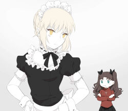 2girls apron arms_up artoria_pendragon_(fate) blonde_hair breasts brown_hair carnival_phantasm choker commentary_request crossed_arms elbow_gloves fate/stay_night fate_(series) frown gloves green_eyes highres maid maid_headdress multiple_girls puffy_short_sleeves puffy_sleeves ribbon-trimmed_choker saber_alter shirt short_sleeves small_breasts suzuakks tohsaka_rin turtleneck turtleneck_shirt two_side_up waist_apron wrist_cuffs yellow_eyes