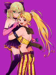 2girls arm_belt belt blonde_hair bow chain choker dress elbow_gloves fang fingernails fishnet_legwear fishnets gloves green_eyes hair_bow hair_ornament hammer heart highres horns hoshiguma_yuugi jack-o&#039;-lantern jack-o&#039;-lantern_hair_ornament lifting_person long_fingernails looking_at_viewer mizuhashi_parsee multiple_girls open_mouth pink_gloves pointy_ears ponytail pumpkin purple_background red_eyes red_nails sharp_fingernails short_dress sibata_maru simple_background single_horn skirt smile star_(symbol) touhou v-shaped_eyebrows