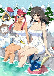 1girl 2girls :d absurdres asuka_(senran_kagura) blue_eyes blush breasts brown_eyes brown_hair cleavage commission creatures_(company) crossover eggman_(ni_tamagoex) game_freak gen_5_pokemon gen_6_pokemon greninja hair_ornament highres large_breasts long_hair multiple_girls naked_towel nintendo onsen open_mouth pine_tree poke_ball pokemon pokemon_(creature) pokemon_bw red_hair rock senran_kagura senran_kagura_estival_versus senran_kagura_shinovi_versus sidelocks sitting skeb_commission skyla_(pokemon) smile snow swanna towel tree winter