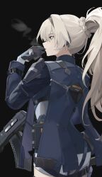 1girl absurdres alva_(girls&#039;_frontline_2) an-94 an-94_(girls&#039;_frontline) aqua_eyes assault_rifle black_background black_gloves blonde_hair commentary from_behind girls&#039;_frontline girls&#039;_frontline_2:_exilium gloves gun haohaomaster highres holding holding_gun holding_mask holding_weapon long_hair mask parted_lips ponytail rifle solo weapon