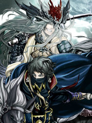 2boys armor black_hair grin highres horse long_hair male_focus multiple_boys sangokushi_taisen smile sun_ce sword veil weapon white_hair zhou_yu