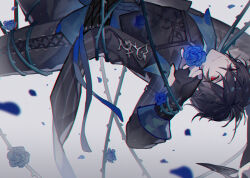 1boy absurdres arched_back ayn_alwyn ayn_alwyn_(masquerade) black_boots black_corset black_gloves black_hair black_vest blue_flower blue_pants blue_ribbon blue_rose blue_shirt boots chinese_commentary closed_mouth coat corset cowboy_shot cropped_vest entangled falling_petals fingerless_gloves flower gloves hair_between_eyes hanging highres holding holding_flower holding_mask kazenemuri lace-up_boots lapels long_sleeves looking_at_viewer lovebrush_chronicles male_focus mask official_alternate_costume open_clothes open_coat pants petals plant red_eyes ribbon rose shirt short_hair sideways_glance smile striped_coat thigh_boots thorns two-sided_coat two-sided_fabric vertical-striped_coat vest vines white_background