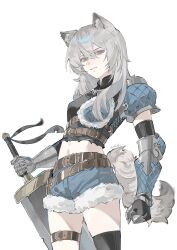 1girl absurdres animal_ears armor belt black_shirt black_thighhighs blue_shorts chest_strap chinese_commentary clenched_hand commentary_request cowboy_shot evenf fur-trimmed_shorts fur_trim gauntlets girls_band_cry gloves grey_eyes grey_hair hair_between_eyes highres holding holding_sword holding_weapon kawaragi_momoka kemonomimi_mode long_hair looking_at_viewer midriff multiple_belts parted_lips shirt shorts simple_background single_thighhigh solo sword tail thigh_strap thighhighs weapon white_background wolf_ears wolf_girl wolf_tail