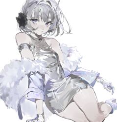 1girl absurdres arm_strap arm_support bare_shoulders breasts closed_mouth commentary dress fur-trimmed_jacket fur_trim gloves grey_dress grey_hair highres jacket looking_at_viewer medium_breasts mo011010 off_shoulder original purple_eyes purple_jacket short_dress short_hair simple_background sitting sleeveless sleeveless_dress solo symbol-only_commentary white_background