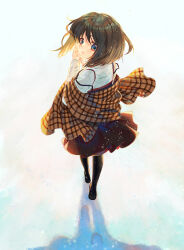 Rule 34 | 1girl, black dress, black shoes, black thighhighs, blue eyes, blush, brown hair, brown shawl, checkered shawl, dress, footprints, kanon, kaya wong, long sleeves, looking at viewer, looking back, misaka shiori, own hands together, shawl, shoes, short hair, snow, snowing, solo, spaghetti strap, sweater, thighhighs, turtleneck, turtleneck sweater, white sweater