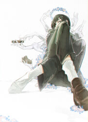 1girl absurdres chainsaw_man cigarette crossed_legs disembodied_hand dudrinm eyepatch flower ghost ghost_devil_(chainsaw_man) green_eyes halo head_wreath highres himeno_(chainsaw_man) holding holding_shoes holding_unworn_clothes looking_at_viewer office_lady shoes sitting socks tagme unworn_shoes white_background