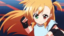 10s animated animated_gif blonde_hair green_eyes hair_ribbon heterochromia lowres lyrical_nanoha mahou_shoujo_lyrical_nanoha_vivid punching red_eyes ribbon vivid_strike! vivio
