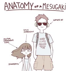 1boy 1girl :3 absurdres anatomy_of_a_gamer_(meme) blush brown_hair child_gf_(orenji) commentary english_commentary english_text glasses highres looking_at_viewer meme mesugaki monochrome original reversed shirt short_hair simple_background size_difference smile smug standing sunglasses t-shirt third-party_edit white_background yokappa_(jokappa)