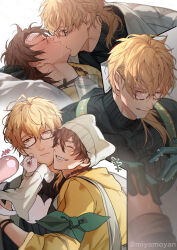 Rule 34 | +++, 2boys, ahoge, alternate costume, alternate hairstyle, animal, animal hat, arm ribbon, backpack, bag, bandaid, bandaid on head, beanie, bespectacled, bishounen, black gloves, black pants, black shirt, black sweater, blonde hair, blush, bracelet, braid, brown eyes, brown hair, cat hat, closed eyes, closed mouth, clothed animal, cup, eiden (nu carnival), ermine, french kiss, glasses, gloves, green gloves, grin, hair between eyes, hand on another&#039;s shoulder, hat, highres, holding, holding cup, hood, hood down, hoodie, hug, jacket, jewelry, kiss, licking lips, lifting own clothes, long hair, long sleeves, looking at another, low ponytail, lying, male focus, medium hair, milk, miyamoyan, multiple boys, multiple views, nu carnival, on back, on bed, orange eyes, pants, pillow, ponytail, quincy (nu carnival), ribbon, saliva, shirt, short hair, short ponytail, side braid, single braid, smile, suggestive fluid, suspenders, sweater, teeth, tongue, tongue out, topper (nu carnival), turtleneck, turtleneck sweater, twitter username, upper body, weasel, white background, white bag, white hat, white shirt, yaoi, yellow hoodie
