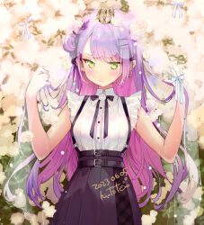 1girl 2023 blush breasts closed_mouth dated grabbing_own_hair green_eyes highres hololive kintotomaturi long_hair shirt small_breasts solo tokoyami_towa veil virtual_youtuber white_shirt