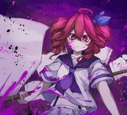 1girl alternate_costume arm_at_side blue_bow blush bow chocolatte_la closed_mouth collarbone collared_shirt flag floating_hair hair_between_eyes hair_bow highres holding holding_flag kasane_teto looking_at_viewer midriff_peek navel neckerchief paint_splatter paint_splatter_on_face pink_liquid purple_background purple_neckerchief red_eyes sailor_collar shirt short_sleeves skirt solo upper_body utau white_skirt