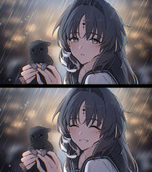 1girl animal black_eyes black_hair cat closed_eyes commentary_request feather_hair hair_intakes highres holding holding_animal holding_cat kohane_kun looking_at_viewer mole mole_under_eye parted_bangs portrait rain smile tacet_mark_(wuthering_waves) wet wuthering_waves yangyang_(wuthering_waves)
