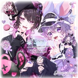 Rule 34 | 2boys, 2girls, :d, animal ears, anniversary, bandaid, bandaid on face, black choker, black dress, black hair, black hat, black shoes, candy, chibi, chibi inset, choker, colored inner hair, commentary request, dress, fake animal ears, finger counting, fishnet socks, fishnets, food, gradient hair, hat, heart, highres, logo, lollipop, multicolored hair, multiple boys, multiple girls, official art, open mouth, pants, pink hair, pink nails, purenista, purple hair, purple nails, shoes, sitting, smile, socks, split-color hair, stuffed toy, teeth, tongue, torn clothes, torn pants, translation request, two-tone hair, vignetting, visor cap