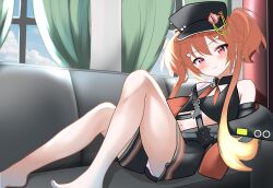 1girl absurdres barefoot belly blonde_hair blush breasts cloud cloudysky commission curtains enya_ignis feet flat_chest hat highres idol_corp indoors jacket looking_at_viewer multicolored_hair navel orange_hair panties pants pink_eyes shorts small_breasts smile solo toes underwear virtual_youtuber window