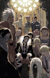 Rule 34 | amandasmurfee, bandages, black-framed eyewear, black eyes, blonde hair, bonolenov ndongo, boxing gloves, brown hair, character request, chrollo lucilfer, closed mouth, feitan portor, formal clothes, franklin bordeau, fur trim, highres, hisoka morow, hunter x hunter, kurapika, long earlobes, long hair, long sleeves, looking at viewer, male focus, multiple boys, muscular, muscular male, nobunaga hazama, parted lips, pink hair, ponytail, scar, short hair, sleeveless, smile, stitched face, stitches, suit, topknot, uvogin, white hair, wide sleeves