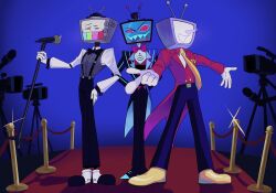 3boys absurdres ant_tenna arms_behind_back belt_buckle black_bow black_bowtie black_pants black_shoes bow bowtie buckle character_request colored_sclera copyright_request crossover crt deltarune full_body gloves hat hazbin_hotel highres holding holding_microphone_stand long_nose looking_at_another male_focus microphone microphone_stand mini_hat multiple_boys necktie object_head outstretched_arms pants pb1943504228839 pointy_nose red_bow red_bowtie red_carpet red_sclera sharp_teeth shirt shoes smile standing striped_clothes striped_shirt suspenders tailcoat teeth trait_connection tv_camera vox_(hazbin_hotel) white_gloves white_shirt yellow_necktie yellow_shoes
