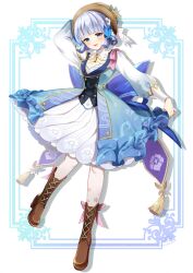 Rule 34 | 1girl, :d, arm behind head, arm up, ayaka (genshin impact), azuma yuki, black vest, blue dress, blue eyes, blue hair, blue jacket, boots, braid, brown boots, brown hat, butterfly hair ornament, commentary request, dress, floral print, full body, genshin impact, grey eyes, grey hair, hair ornament, hat, highres, jacket, kamisato ayaka, kamisato ayaka (springbloom missive), knee boots, lace-up boots, long sleeves, looking at viewer, official alternate costume, official alternate hairstyle, open mouth, pantyhose, pink pantyhose, puffy long sleeves, puffy sleeves, shirt, skirt, smile, solo, standing, vest, white background, white pantyhose, white shirt, white skirt