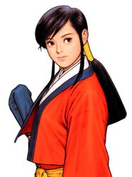 1girl armor bakumatsu_rouman black_hair capcom_vs_snk_2 from_side game_cg hair_rings hakama hakama_skirt highres japanese_armor japanese_clothes kimono kote long_hair looking_to_the_side mori_toshiaki non-web_source official_art red_hakama red_kimono skirt snk solo takane_hibiki twintails