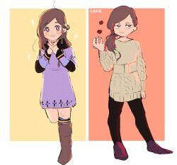 1girl artist_name blush boots brown_footwear brown_hair cable_knit chaie commentary dice dress english_commentary highres knee_boots kneehighs kyokugen_dasshutsu kyokugen_dasshutsu:_9_jikan_9_nin_9_no_tobira long_hair multiple_views kurashiki_akane ponytail purple_dress purple_eyes short_dress side_ponytail socks zero_escape:_toki_no_dilemma
