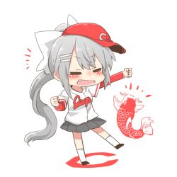 1girl :d =_= animal baseball_cap black_shoes blush_stickers bow carp chibi clenched_hand closed_eyes fang fish full_body grey_skirt hair_bow hair_ornament hairclip hat higuchi_kaede layered_sleeves long_hair long_sleeves nijisanji notice_lines open_mouth outstretched_arm pleated_skirt rebecca_(keinelove) red_hat shirt shoes short_over_long_sleeves short_sleeves simple_background skirt smile socks solo standing standing_on_one_leg very_long_hair virtual_youtuber white_background white_bow white_shirt white_socks