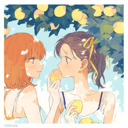 artist_name bare_shoulders black_hair camisole collarbone eye_contact food fruit hair_ribbon highres holding holding_food kakmxxxny06 kono_koi_wo_hoshi_ni_wa_negawanai leaf lemon light_smile looking_at_another red_hair ribbon second-party_source upper_body