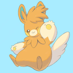 animal_focus artist_name blue_background brown_eyes claws commentary_request highres iwasi_29 nintendo no_humans one_eye_closed orange_fur pawmot pawpads pokemon pokemon_(creature) simple_background sitting tail twitter_username