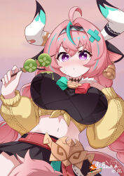 1girl absurdres angry animal_ears aqua_hair black_shirt black_skirt blush braid breasts cow_ears cow_girl cow_horns cow_tail crop_top earrings food genshin_impact highres holding holding_food horns jewelry large_breasts long_hair long_sleeves midriff multicolored_hair navel neck_tattoo pink_hair purple_eyes shirt skirt solo stomach streaked_hair tail tattoo twin_braids varesa_(genshin_impact) yaoli_(ysxbd) yellow_sleeves
