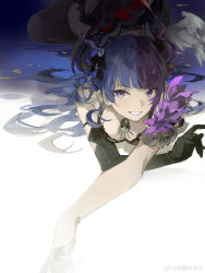 1girl absurdres black_gloves earrings gloves highres idolmaster idolmaster_shiny_colors jewelry long_hair narakuuu open_clothes open_mouth purple_eyes purple_hair smile solo tanaka_mamimi wings