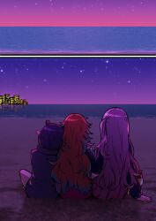 Rule 34 | 4girls, blonde hair, chibi, ddolbang, facing away, fins, fish tail, from behind, highres, hololive, hololive english, holomyth, long hair, medium hair, mori calliope, mori calliope (kawaiiope), multicolored hair, multiple girls, ninomae ina&#039;nis, ninomae ina&#039;nis (loungewear), official alternate costume, orange hair, pink hair, pointy ears, purple hair, short hair, smol ame, star (sky), streaked hair, sunset, tail, takanashi kiara, takanashi kiara (fever night), virtual youtuber, watson amelia