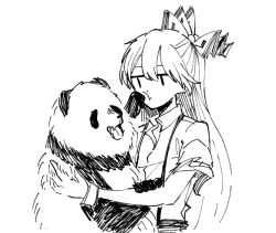 1girl :t animal bear bow closed_mouth collared_shirt eyebrows_hidden_by_hair fujiwara_no_mokou greyscale hair_between_eyes hair_bow half_updo hatching_(texture) holding holding_animal itomugi-kun jitome linear_hatching looking_at_animal monochrome panda shirt short_sleeves simple_background sketch solo suspenders t_t tongue torn_clothes torn_sleeves touhou upper_body white_background wing_collar |_|