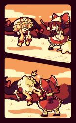 2girls apron ascot blonde_hair bow breasts broom brown_hair bush cleavage cloud comic daigada dress frilled_legwear frilled_skirt frills frown gap_(touhou) hair_bow hair_tubes hakurei_reimu hand_on_own_cheek hand_on_own_face highres long_hair multiple_girls puffy_short_sleeves puffy_sleeves purple_dress shoes short_sleeves skirt smile surprised sweeping teeth touhou very_long_hair yakumo_yukari