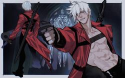 1boy abs absurdres bare_pectorals black_pants blue_eyes border chest_strap coat collarbone commentary dante_(devil_may_cry) devil_may_cry_(series) english_commentary groin gun handgun highres holding holding_gun holding_weapon lapels layered_sleeves long_sleeves male_focus multiple_views navel notched_lapels outside_border pants pectorals red_coat short_hair smile sword teeth toned toned_male twistedfei weapon weapon_on_back white_border white_hair