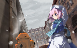 1girl blue_scarf contemporary female_focus fire_hydrant gotyou hat highres letty_whiterock light_purple_hair plaid_clothes plaid_scarf purple_eyes scarf short_hair snow solo touhou town